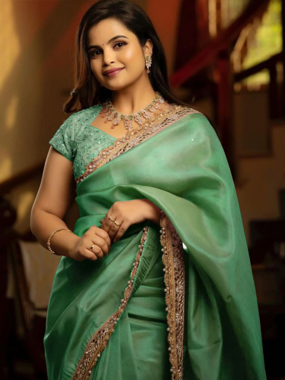 Sea Green RV Pure Silver Tissue Silk Saree with Real Mirror Work & Moti Lace Border