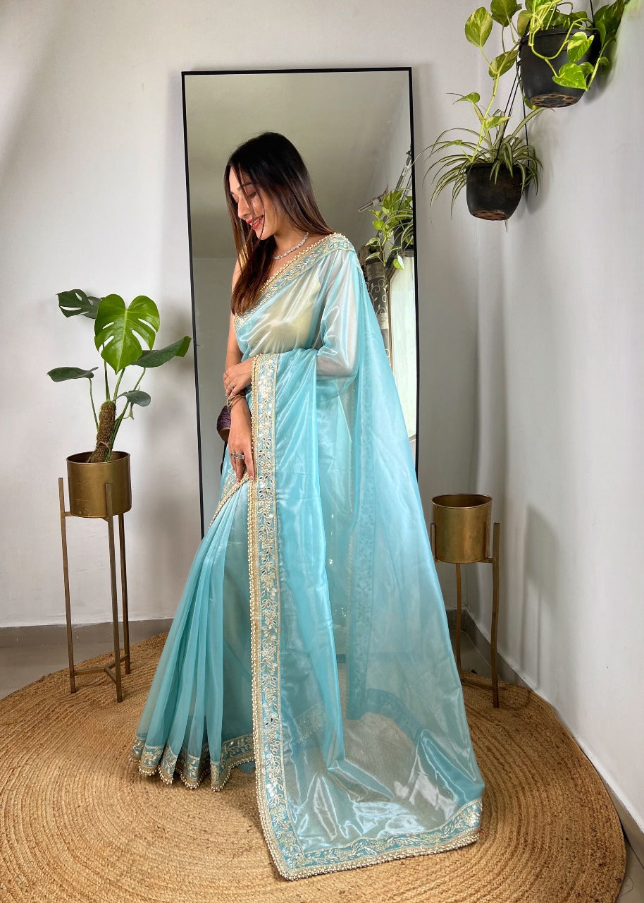 Sky Blue RV Pure Silver Tissue Silk Saree with Real Mirror Work & Moti Lace Border