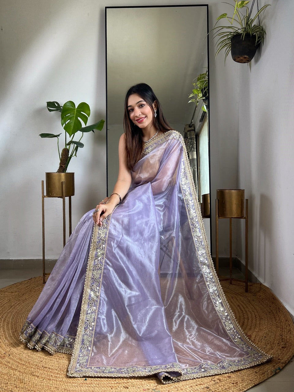 Lavender RV Pure Silver Tissue Silk Saree with Real Mirror Work & Moti Lace Border