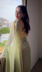 Green RV Pure Silver Tissue Silk Saree with Real Mirror Work & Moti Lace Border