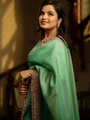 Sea Green RV Pure Silver Tissue Silk Saree with Real Mirror Work & Moti Lace Border