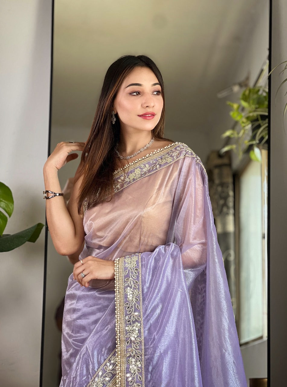 Lavender RV Pure Silver Tissue Silk Saree with Real Mirror Work & Moti Lace Border