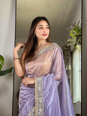 Lavender RV Pure Silver Tissue Silk Saree with Real Mirror Work & Moti Lace Border
