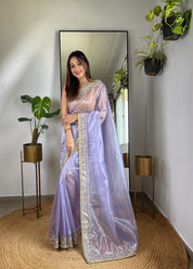 Lavender RV Pure Silver Tissue Silk Saree with Real Mirror Work & Moti Lace Border