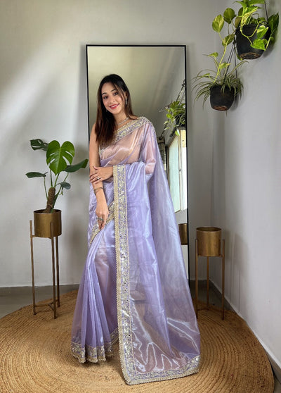 Lavender RV Pure Silver Tissue Silk Saree with Real Mirror Work & Moti Lace Border