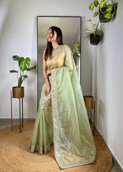 Green RV Pure Silver Tissue Silk Saree with Real Mirror Work & Moti Lace Border