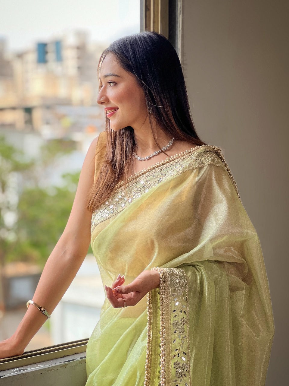 Green RV Pure Silver Tissue Silk Saree with Real Mirror Work & Moti Lace Border