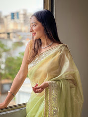 Green RV Pure Silver Tissue Silk Saree with Real Mirror Work & Moti Lace Border
