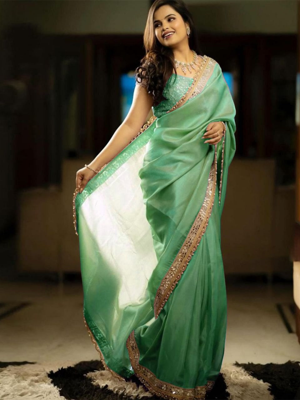 Sea Green RV Pure Silver Tissue Silk Saree with Real Mirror Work & Moti Lace Border