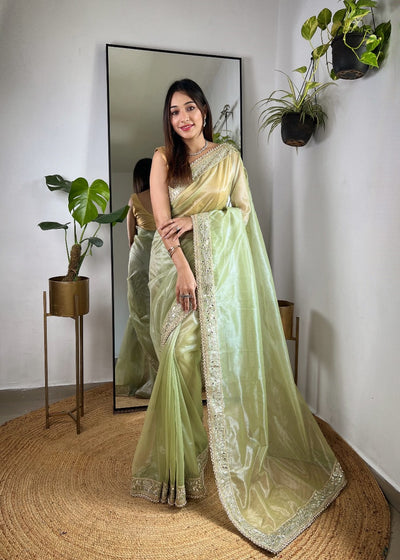 Green RV Pure Silver Tissue Silk Saree with Real Mirror Work & Moti Lace Border