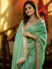 Sea Green RV Pure Silver Tissue Silk Saree with Real Mirror Work & Moti Lace Border