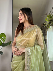 Green RV Pure Silver Tissue Silk Saree with Real Mirror Work & Moti Lace Border