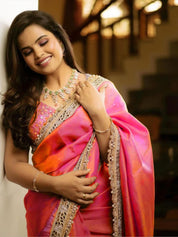 Pink RV Pure Silver Tissue Silk Saree with Real Mirror Work & Moti Lace Border
