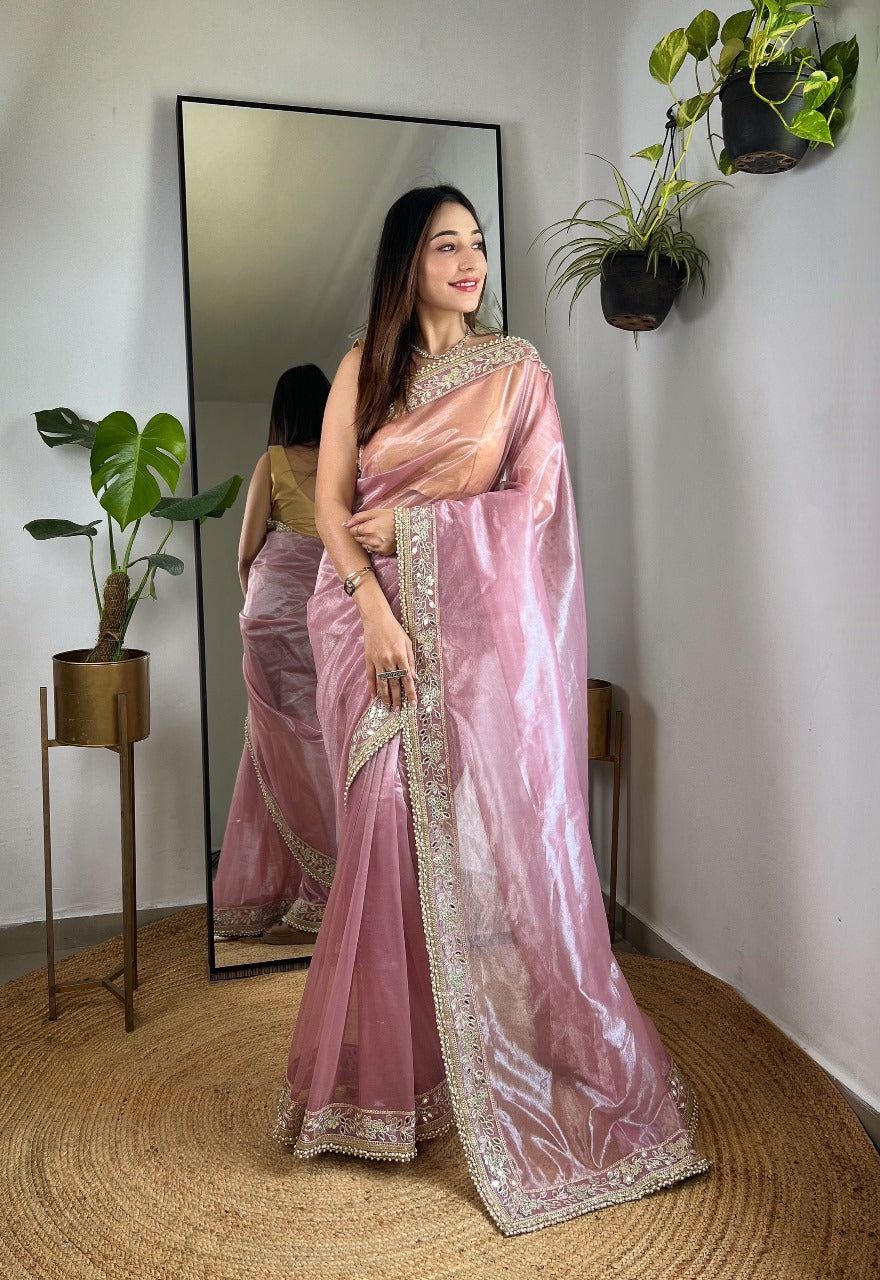 Baby Pink RV Pure Silver Tissue Silk Saree with Real Mirror Work & Moti Lace Border