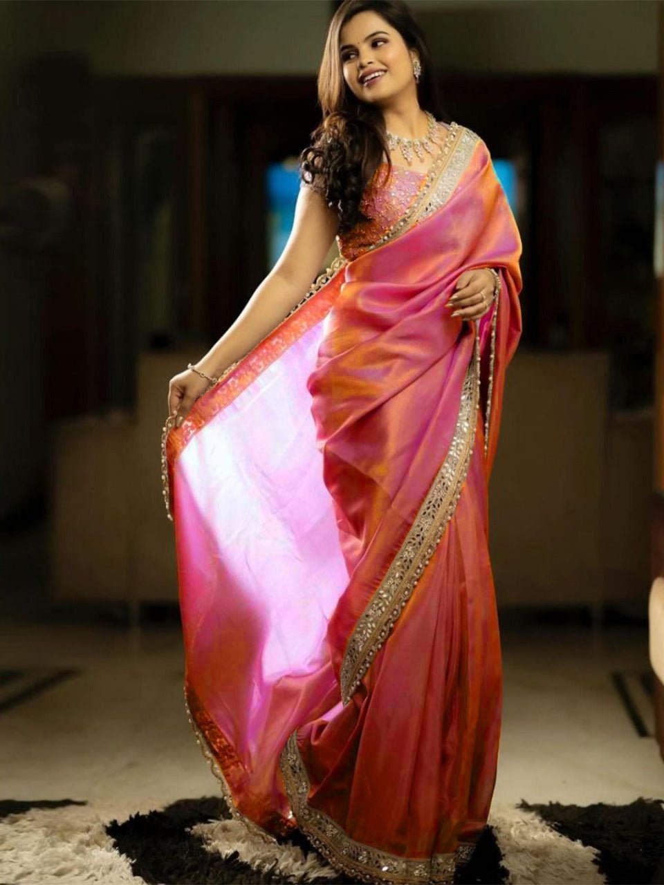 Pink RV Pure Silver Tissue Silk Saree with Real Mirror Work & Moti Lace Border