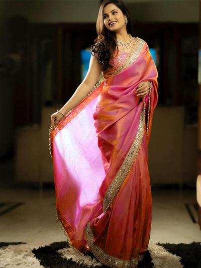 Pink RV Pure Silver Tissue Silk Saree with Real Mirror Work & Moti Lace Border