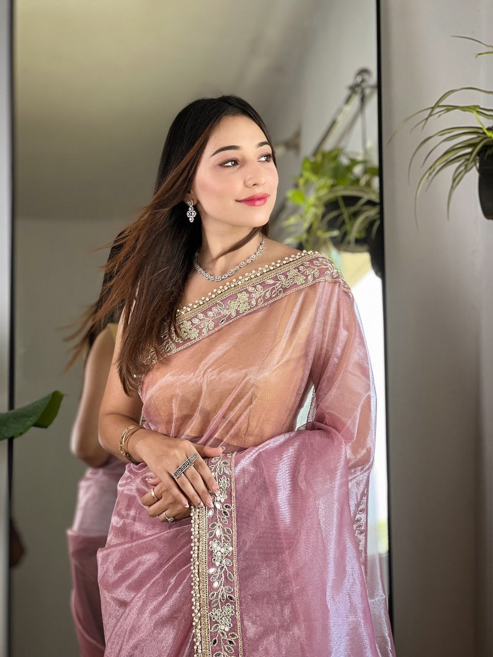 Baby Pink RV Pure Silver Tissue Silk Saree with Real Mirror Work & Moti Lace Border