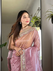 Baby Pink RV Pure Silver Tissue Silk Saree with Real Mirror Work & Moti Lace Border
