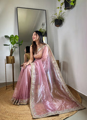 Baby Pink RV Pure Silver Tissue Silk Saree with Real Mirror Work & Moti Lace Border