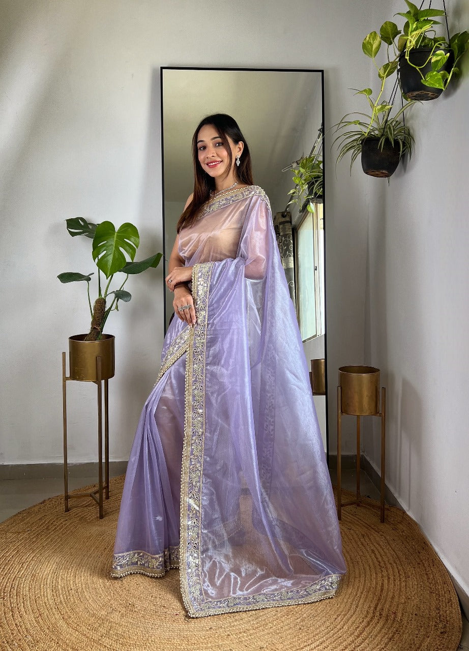 Lavender RV Pure Silver Tissue Silk Saree with Real Mirror Work & Moti Lace Border