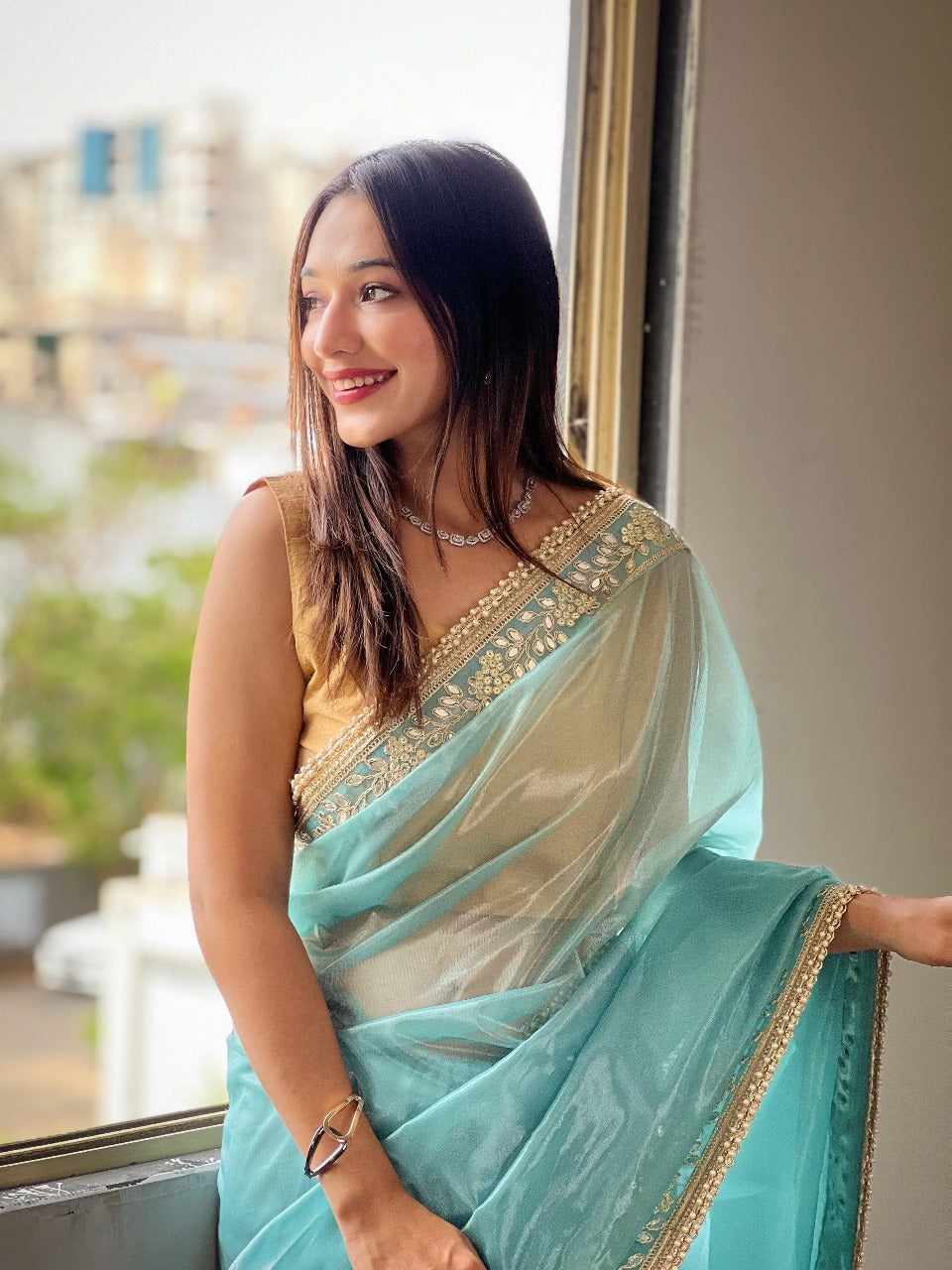 Sky Blue RV Pure Silver Tissue Silk Saree with Real Mirror Work & Moti Lace Border