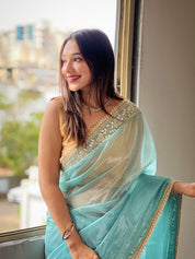 Sky Blue RV Pure Silver Tissue Silk Saree with Real Mirror Work & Moti Lace Border