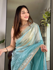 Sky Blue RV Pure Silver Tissue Silk Saree with Real Mirror Work & Moti Lace Border