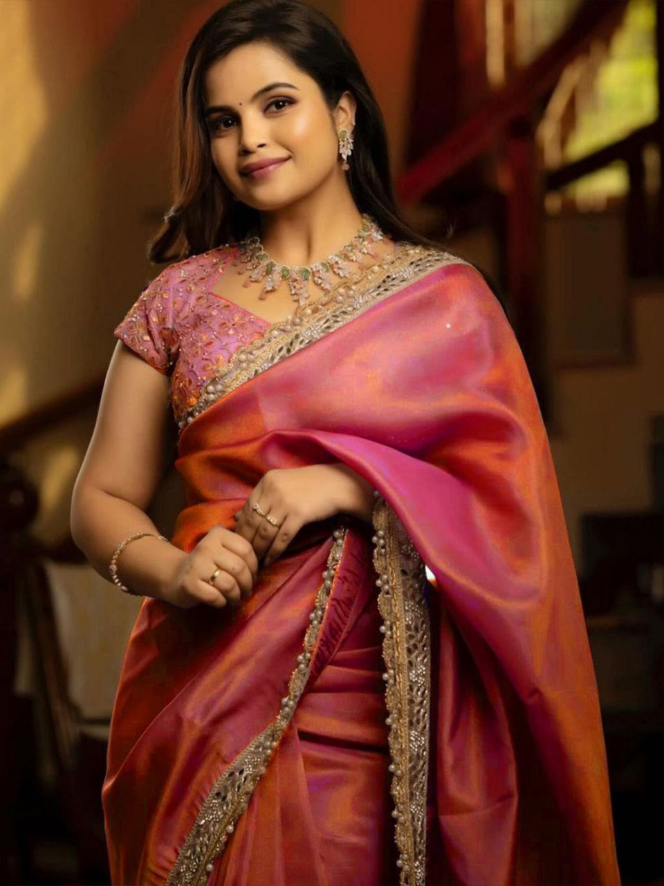 Pink RV Pure Silver Tissue Silk Saree with Real Mirror Work & Moti Lace Border