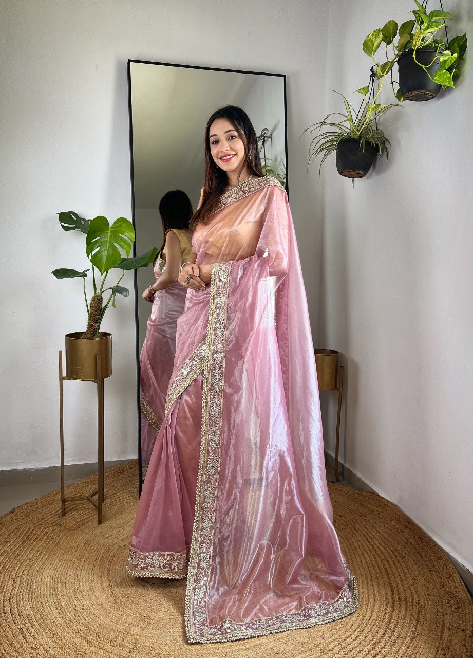 Baby Pink RV Pure Silver Tissue Silk Saree with Real Mirror Work & Moti Lace Border
