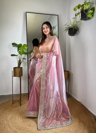 Baby Pink RV Pure Silver Tissue Silk Saree with Real Mirror Work & Moti Lace Border