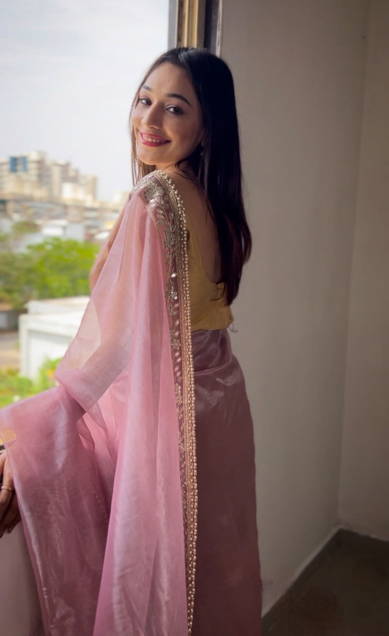 Baby Pink RV Pure Silver Tissue Silk Saree with Real Mirror Work & Moti Lace Border
