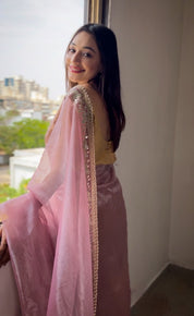 Baby Pink RV Pure Silver Tissue Silk Saree with Real Mirror Work & Moti Lace Border