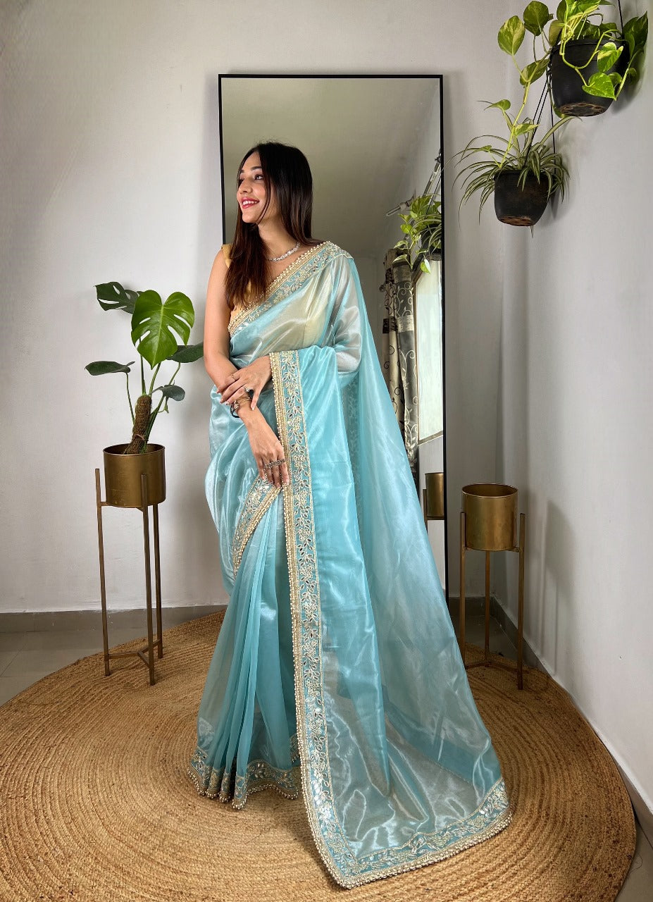 Sky Blue RV Pure Silver Tissue Silk Saree with Real Mirror Work & Moti Lace Border