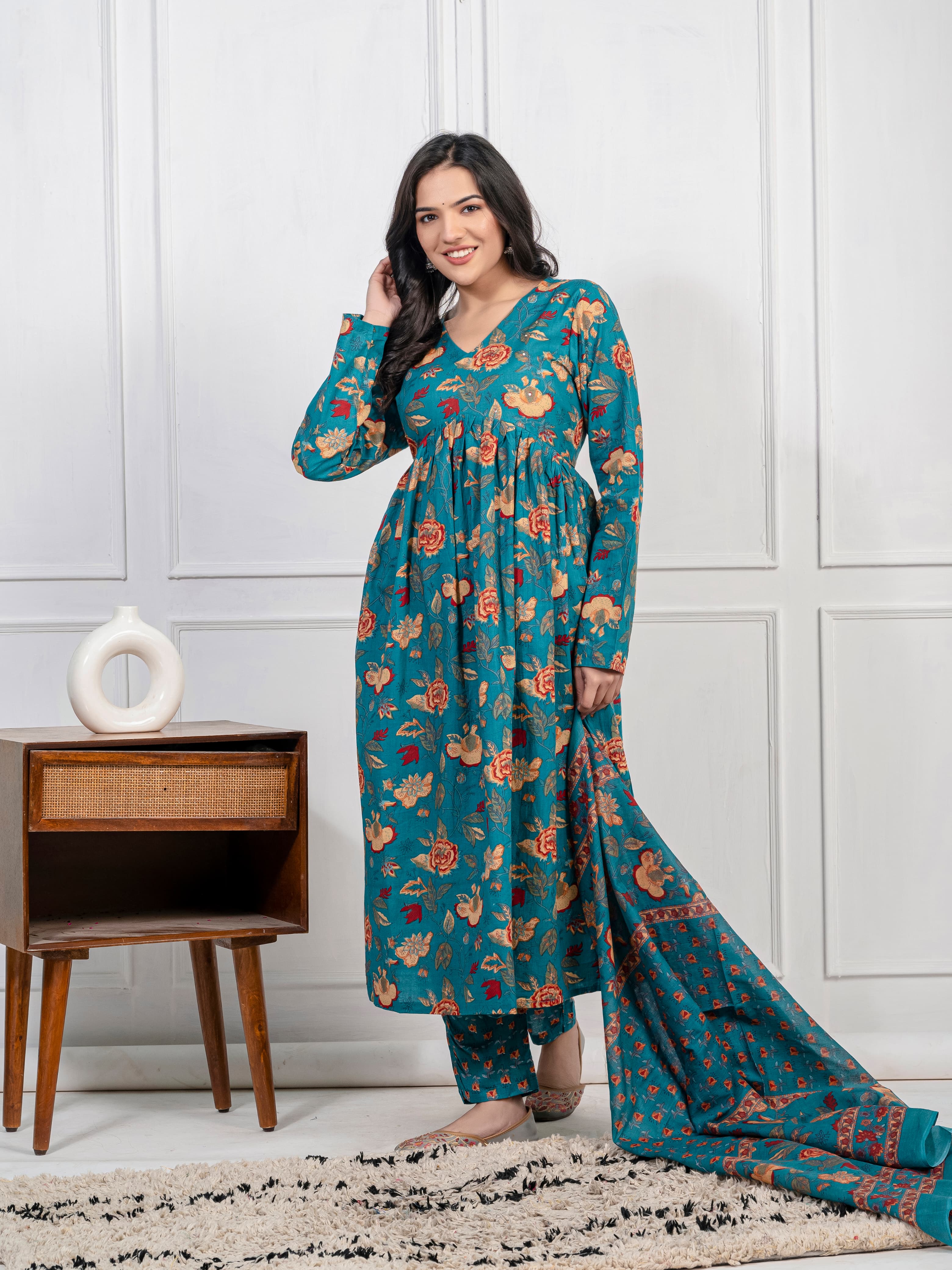 Pure Cotton Printed Kurta Set with Mul Cotton Dupatta