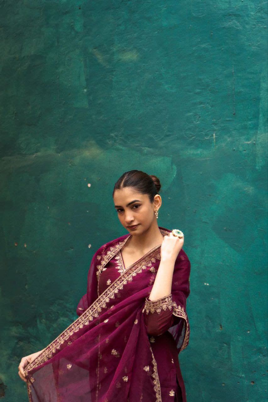 Plum Embroidered Chanderi Kurta Set with Dupatta