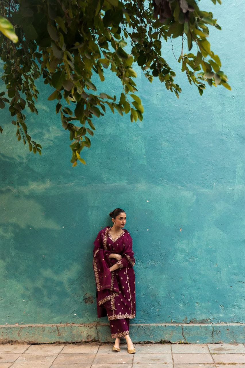 Plum Embroidered Chanderi Kurta Set with Dupatta