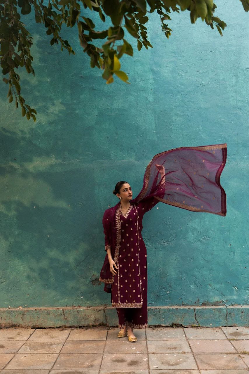Plum Embroidered Chanderi Kurta Set with Dupatta