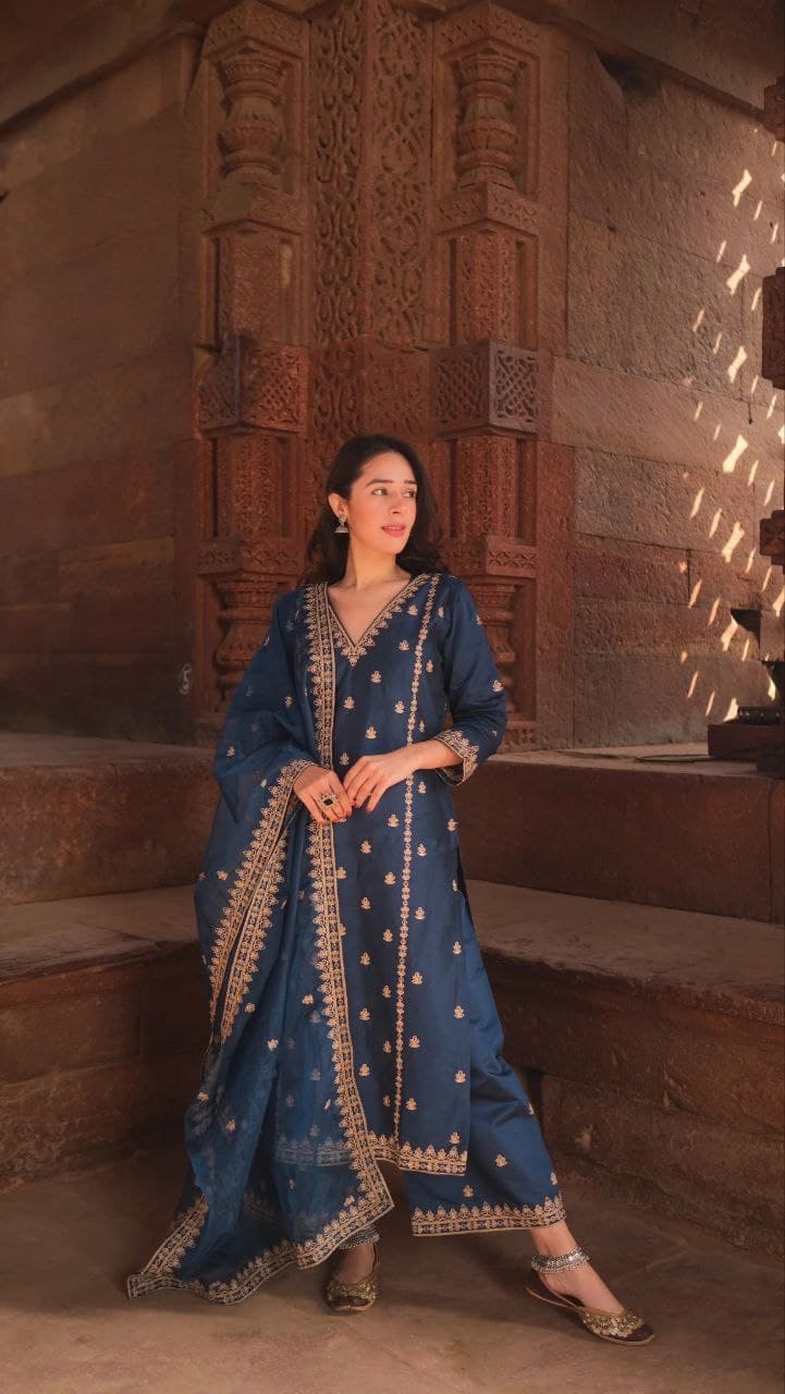 Blue Embroidered Kurta Set with Chanderi Dupatta