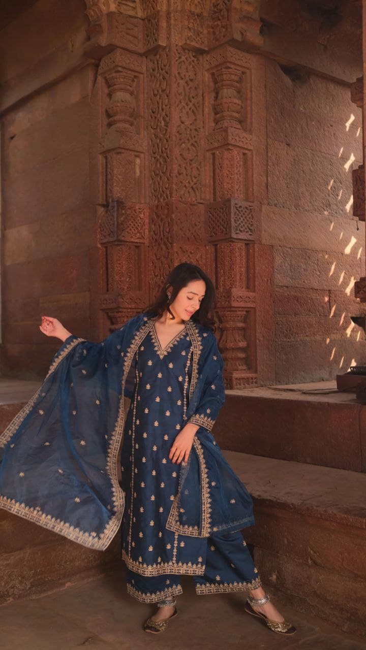 Blue Embroidered Kurta Set with Chanderi Dupatta