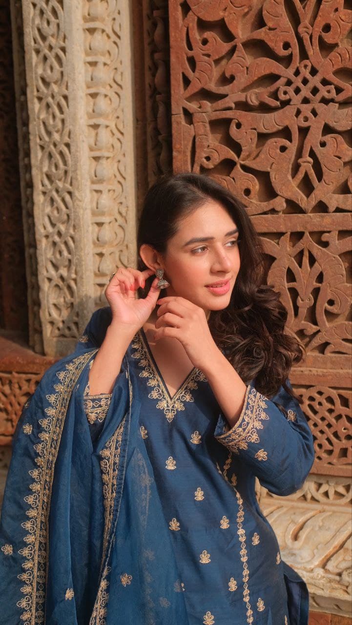 Blue Embroidered Kurta Set with Chanderi Dupatta