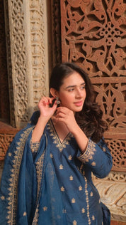 Blue Embroidered Kurta Set with Chanderi Dupatta