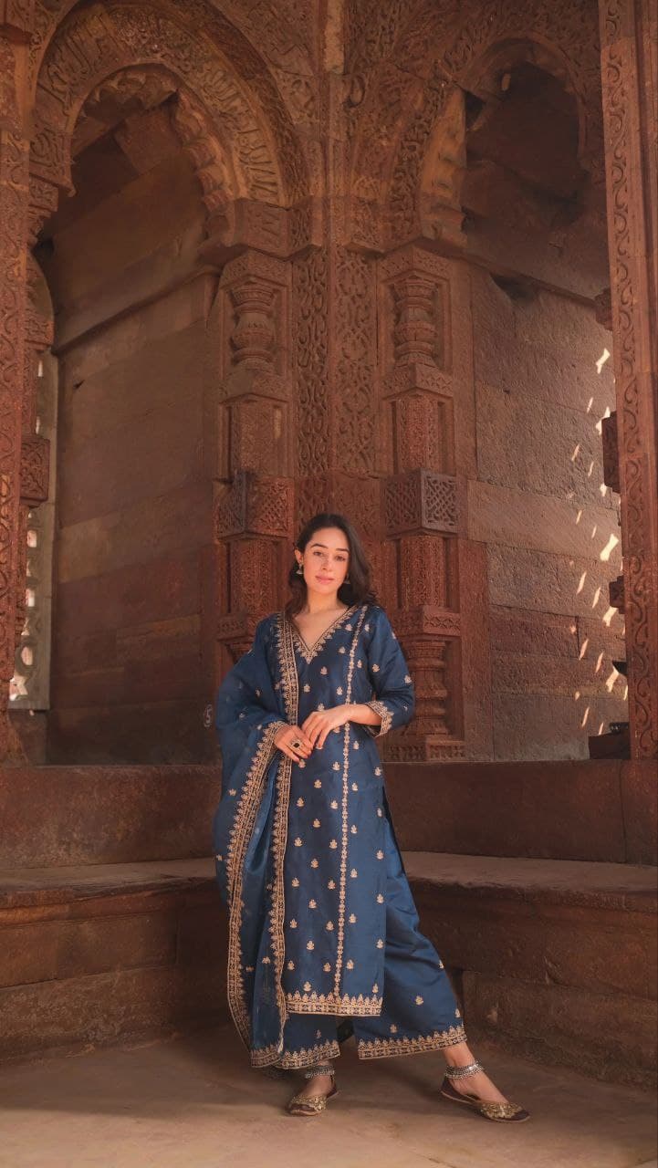 Blue Embroidered Kurta Set with Chanderi Dupatta