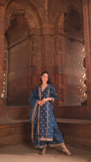 Blue Embroidered Kurta Set with Chanderi Dupatta