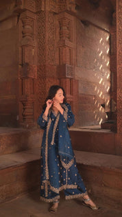 Blue Embroidered Kurta Set with Chanderi Dupatta