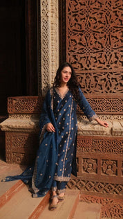 Blue Embroidered Kurta Set with Chanderi Dupatta