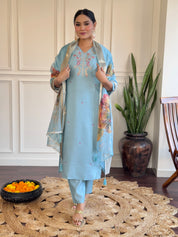 Sky Blue Viscose Chanderi Embroidered Kurta Set with Jacquard Butti Dupatta