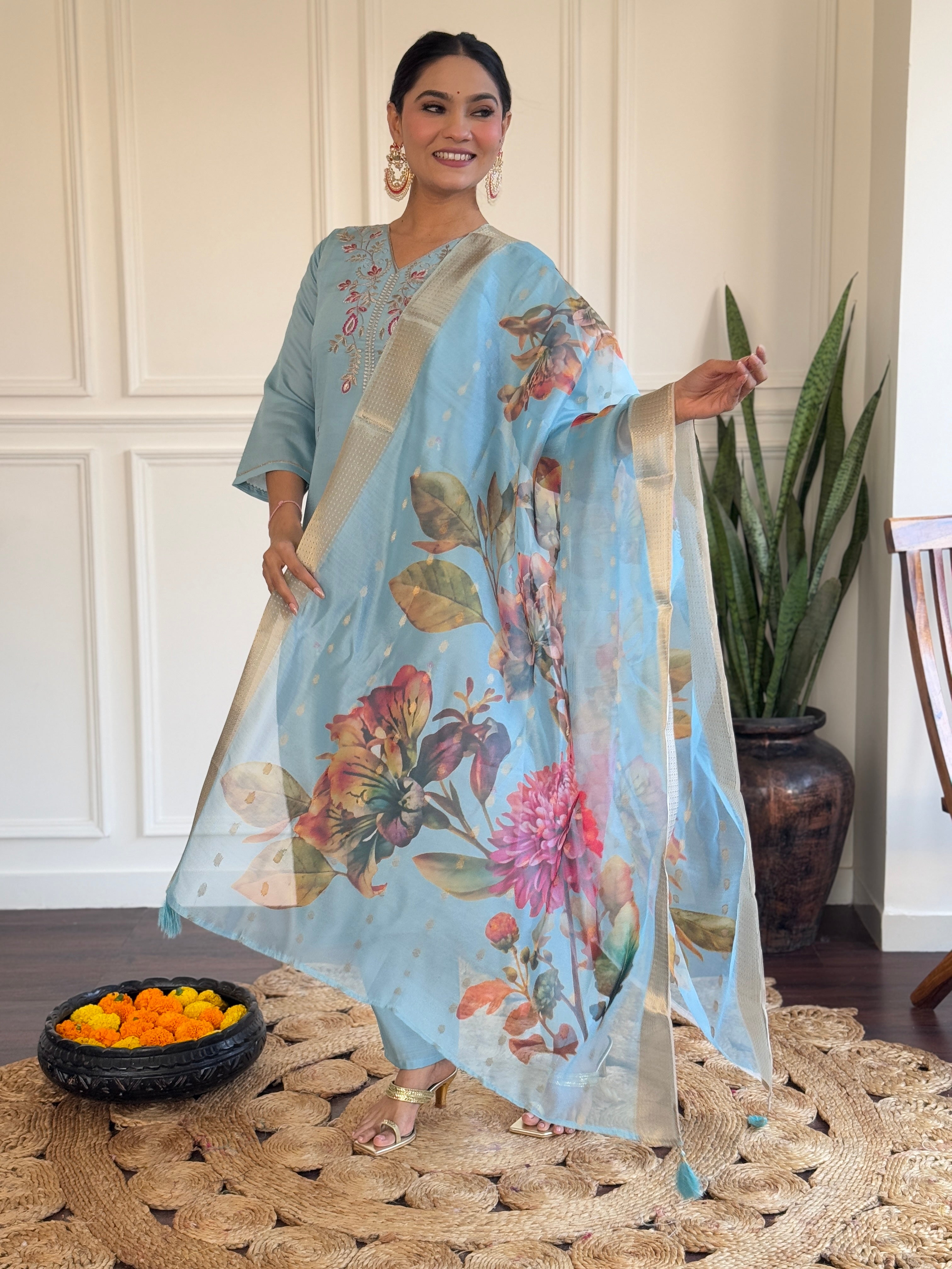 Sky Blue Viscose Chanderi Embroidered Kurta Set with Jacquard Butti Dupatta