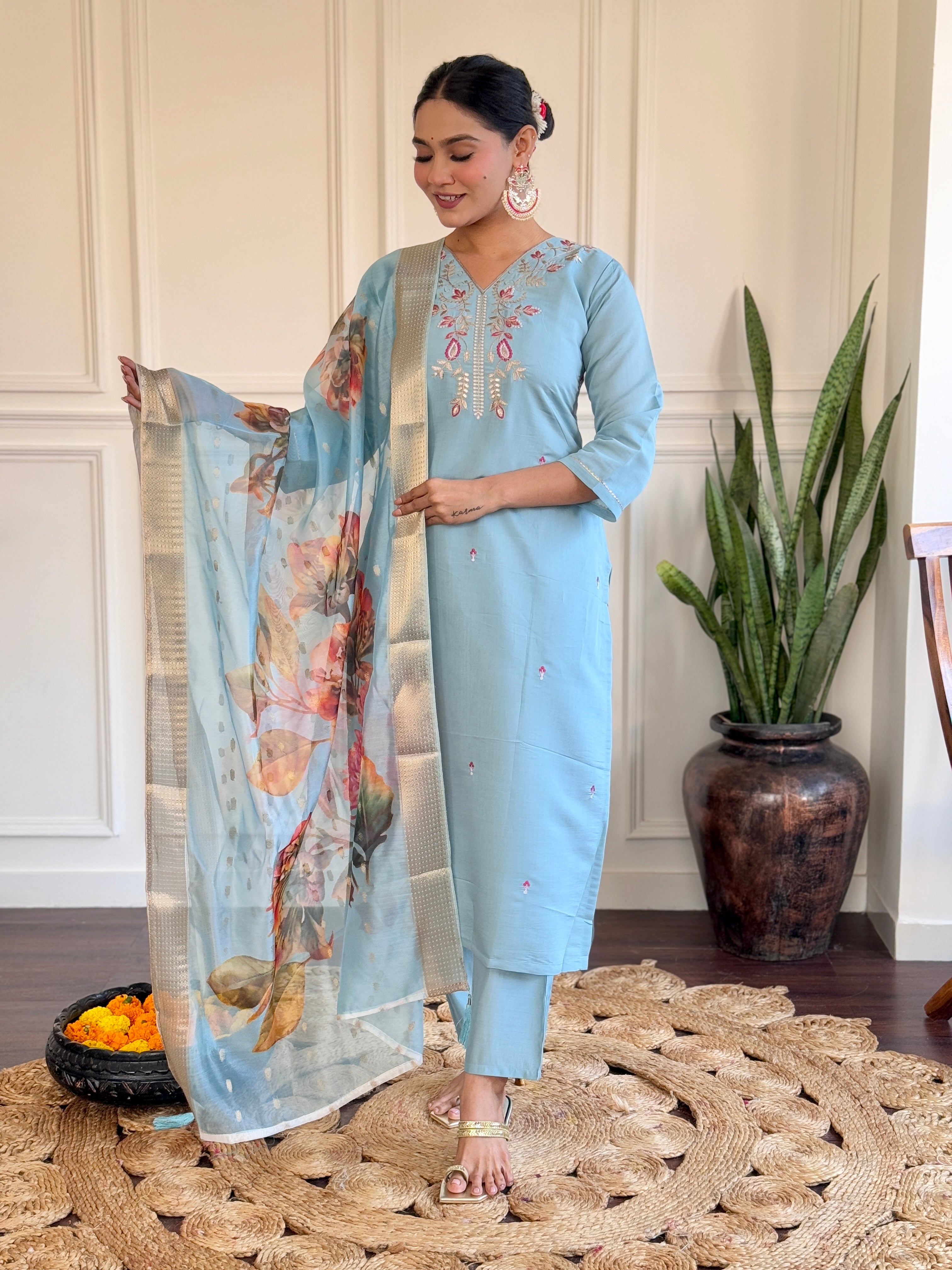 Sky Blue Viscose Chanderi Embroidered Kurta Set with Jacquard Butti Dupatta