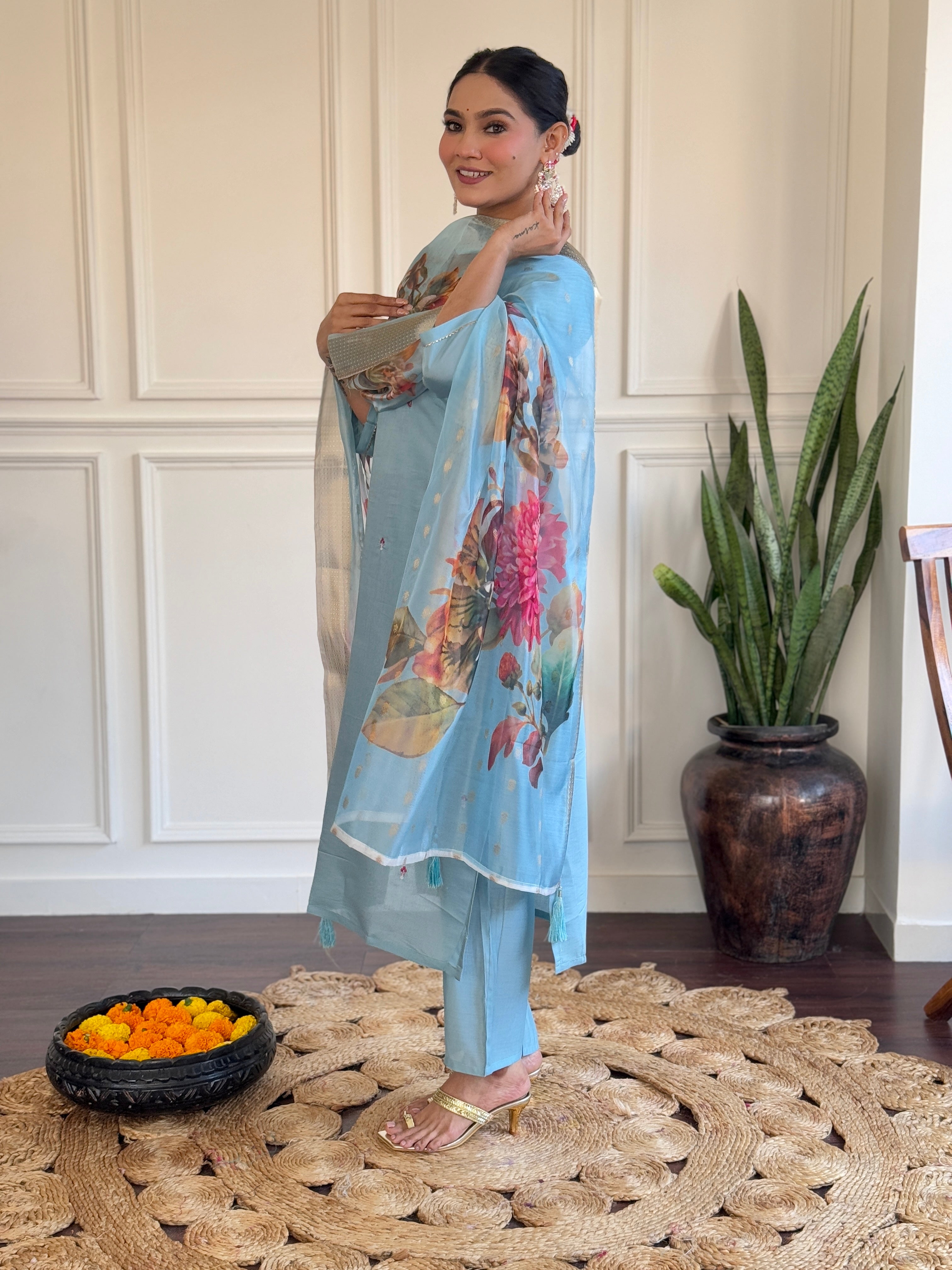 Sky Blue Viscose Chanderi Embroidered Kurta Set with Jacquard Butti Dupatta