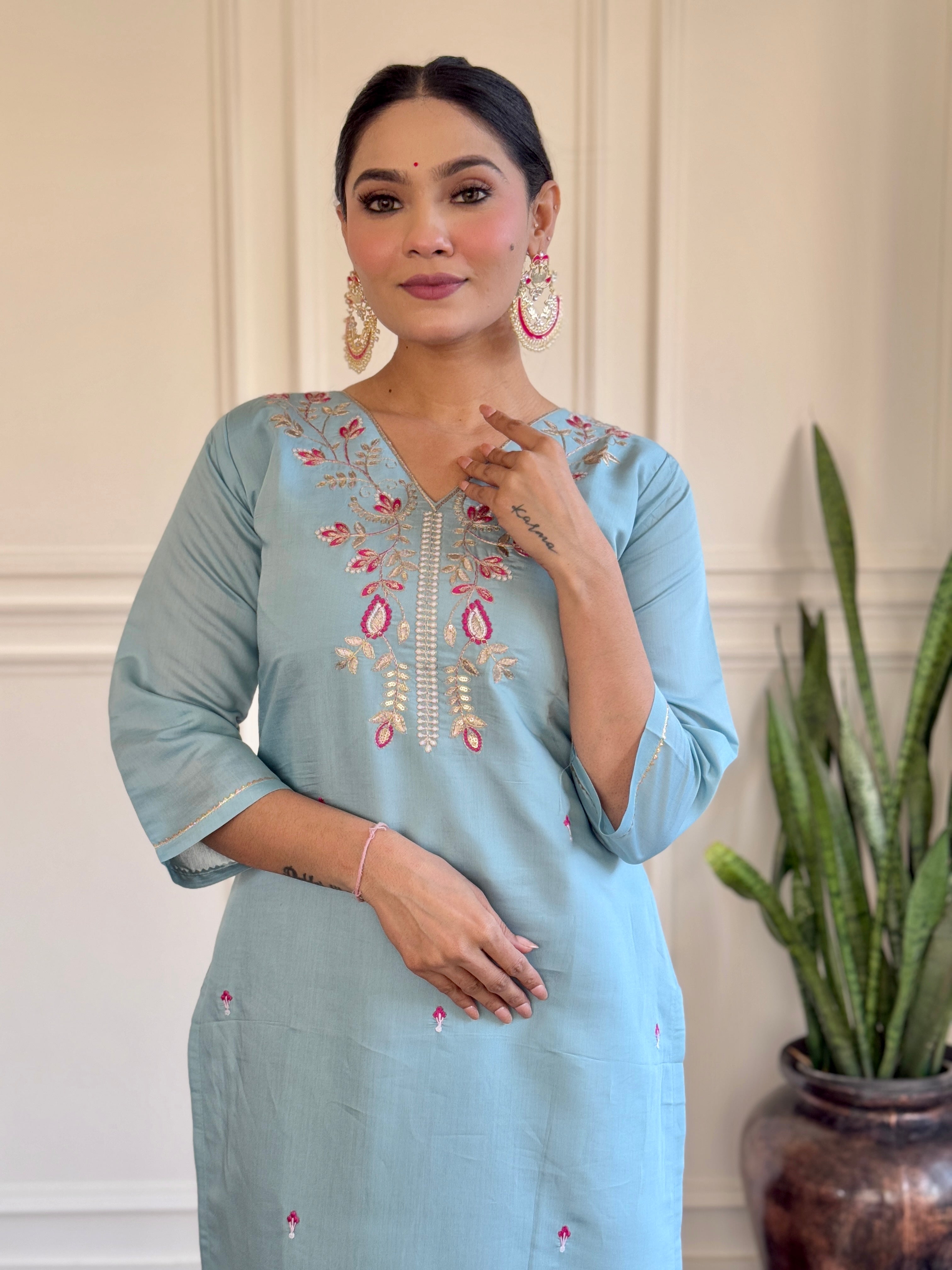 Sky Blue Viscose Chanderi Embroidered Kurta Set with Jacquard Butti Dupatta